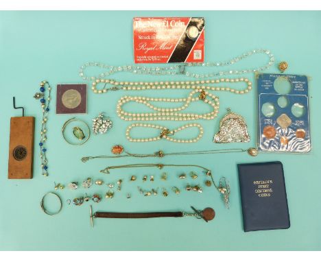 A collection of jewellery to include paste brooch, faux pearls, earrings, two silver christening bangles, two cameo and silve