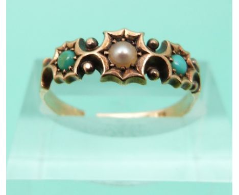 A 15ct gold ring set with a seed pearl and turquoise, Birmingham 1880 