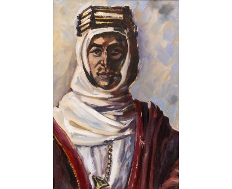 20TH CENTURY ENGLISH SCHOOL  head and shoulders portrait of Lawrence of Arabia, acrylic on board, unsigned, 60cm x 40cm