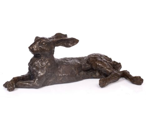JOHN COX (21ST CENTURY SCHOOL) 'Resting Hare', bronze, indistinctly signed beneath, 61cm long (ARR)