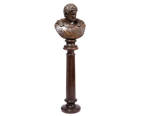 A CONTEMPORARY BRONZED CERAMIC BUST of Emperor Caracalla on socle base 67cm high with a matching plinth of column form 107cm 