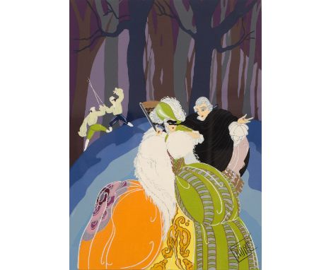 ENDRÉ (20TH CENTURY CONTINENTAL SCHOOL) Lovers in a wood with duel beyond, lithograph, numbered 12/400, 35cm x 25cm (ARR)
