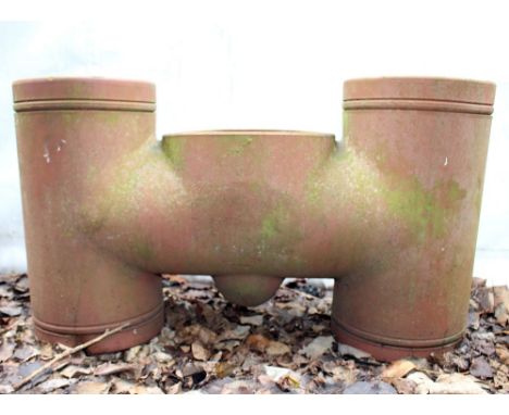 A 20TH CENTURY TERRACOTTA THREE DIVISION CHIMNEY POT PLANTER 81cm x 47cm x 30cm approximately