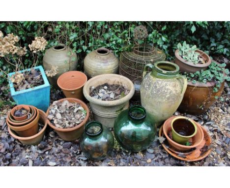 A GROUP OF VARIOUS FLOWER POTS and other decorative items to include two similar ovoid ceramic jars, a turquoise square secti
