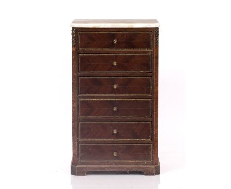 A FRENCH TABLE TOP CHEST of six drawers having a marble top and bracket feet 27.5cm wide x 19cm deep x 47cm high 