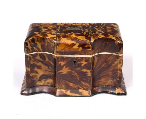 A VICTORIAN SERPENTINE FRONTED TORTOISESHELL DECORATED TEA CADDY with pewter stringing and two lidded compartments within 19.