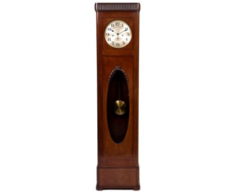 A MID 20TH CENTURY CONTINENTAL MAHOGANY LONGCASE CLOCK of simple form, the circular dial with Arabic numerals before a moveme