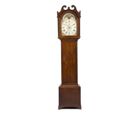 AN EARLY 19TH CENTURY OAK LONGCASE CLOCK the hood with scrolling swan neck pediment, and outset turned columns, the painted a