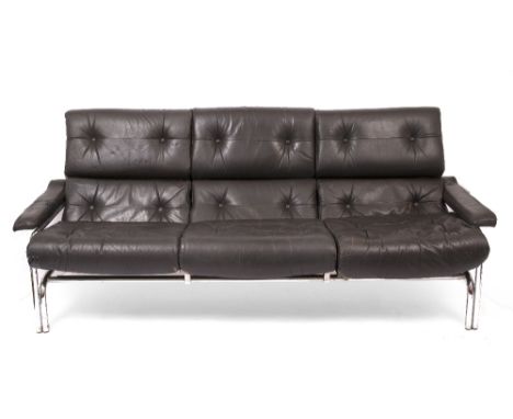 A PIEFF BLACK LEATHER AND CHROME FRAMED THREE SEATER SOFA 198cm wide x 91cm high x 97cm deep