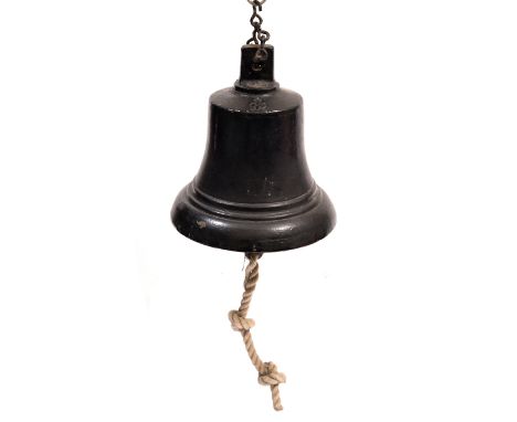 AN EARLY 20TH CENTURY BLACK PAINTED CAST BRONZE BELL with GR cipher, with iron clapper, 25cm diameter x 25cm high