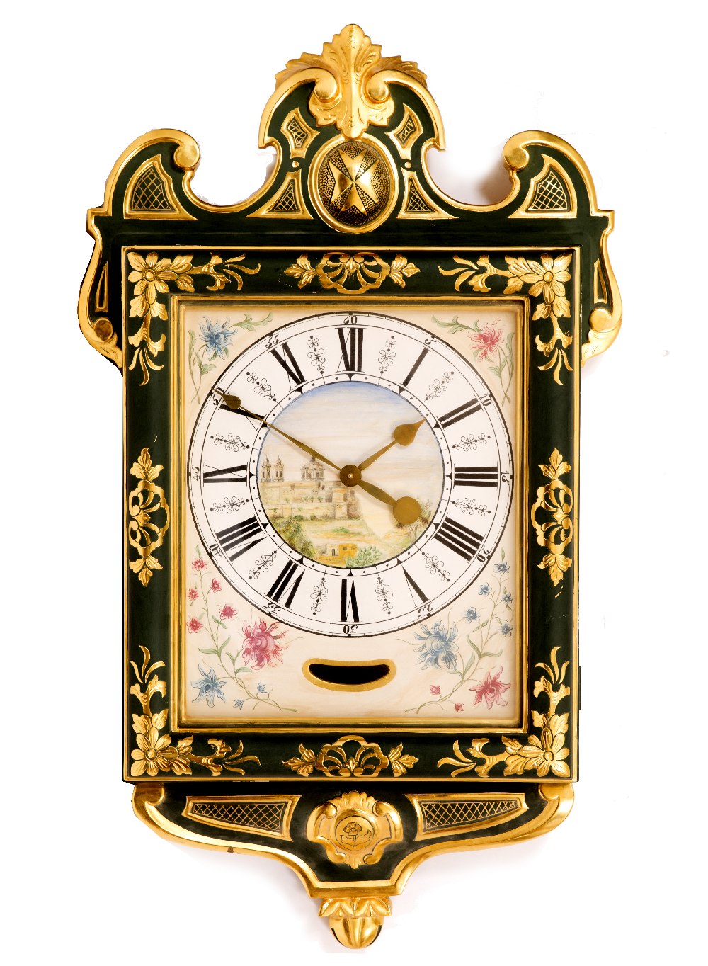 A 20TH CENTURY MALTESE WALL CLOCK with painted dial and Roman and