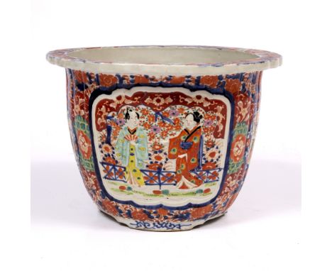 A JAPANESE IMARI CERAMIC JARDINIERE with polychrome figure and flower decoration, 27cm high x 38cm diameter