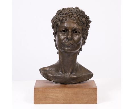 20TH CENTURY ENGLISH SCHOOL BRONZE BUST indistinctly signed to the reverse 'ADW'(?), raised on a wooden plinth, 46.5cm high o