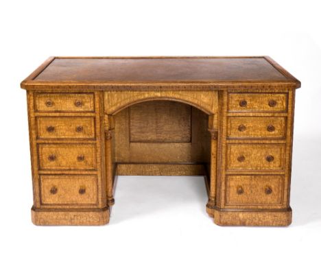 A VICTORIAN BURR MAPLE PEDESTAL WRITING DESK  with leather inset top, stamped 'WILKINSON & SON, 8 OLD BOND STREET' to the int