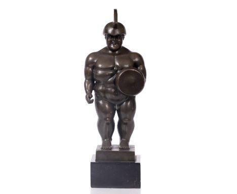 A CONTEMPORARY BRONZE SCULPTURE  of a naked gladiator, indistinctly signed to the base and mounted on a marble plinth 35.5cm 