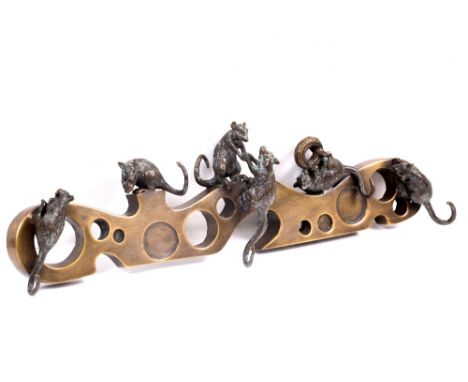 JOHN COX A contemporary cast bronze hanging coat hook in the form of six mice with a piece of cheese 52.5cm long x 15.5cm hig