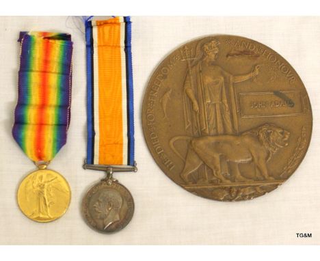 A WW1 Memorial Plaque named to John Adams with a WW1 pair of medals named to M-408406 Private AC Adams of the Army Service Co
