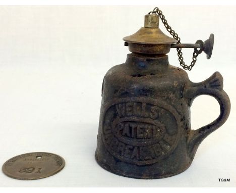 Victorian Miners oil safety lamp by Wells and miners Pit token Binley Unit