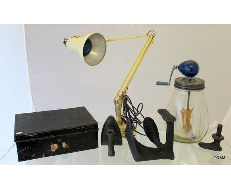 Vintage items to include angle -poise lamp, shoe lasts, cast smoothing iron, metal document box and a Blow butter churn