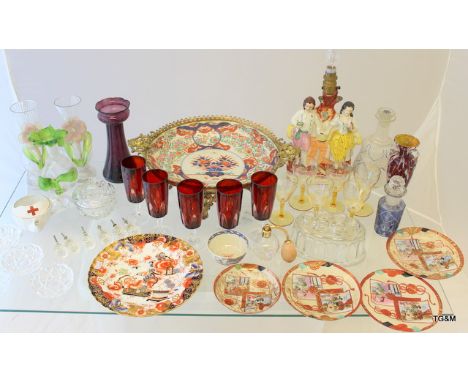 A mixed lot of Oriental plates, glass perfume bottles, china, Staffordshire flat back converted to lamp, glass vases and Imar