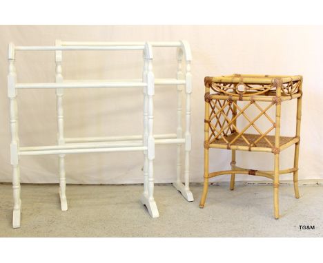 2 x white painted towel rails and a 2 shelf Rattan table 80 x 64 x 20  and 61 x 35 x 35cm