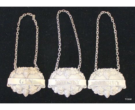 3 silver decanter labels Birmingham 1970 Whisky Gin and Sherry