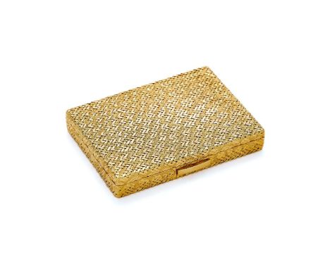A 1960s gold coloured compact by Van Cleef &amp; Arpels, the textured woven panelled case with polished thumb piece, with int
