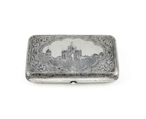 A Russian silver and niello rounded rectangular cigarette case by I. P. Prokofiev, 1896-1908 Kokoshnik mark, 84 zolotniki, th