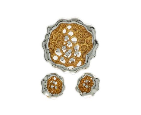 ΩA 1980s abstract brooch/pendant and ear clip suite, the two colour brooch with a lobed polished white metal border to a gold