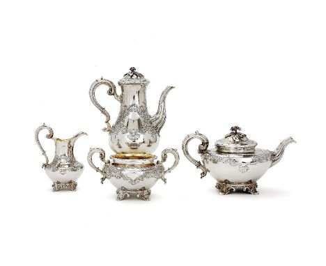 ϒA matched early Victorian silver four piece baluster coffee and tea service, three by Edward, Edward junior, John & William 