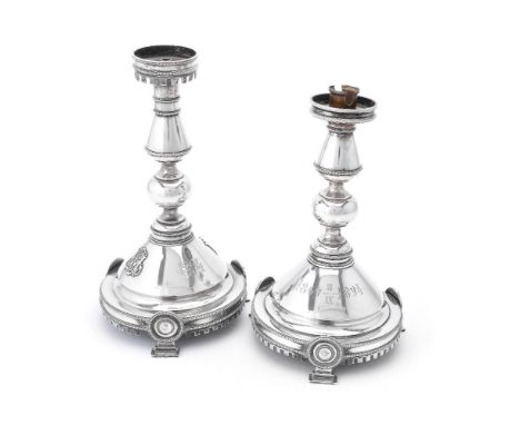 Two similar Russian silver electric table lamp stands by Timothy Hesketh, St Petersburg 1894, 84 zolotniki, with beaded drip 