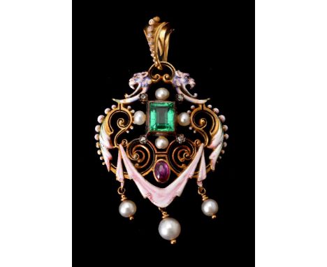 A late 19th century multi gem enamelled pendant, circa 1890, the pierced shield shaped panel with enamelled grotesque animal 