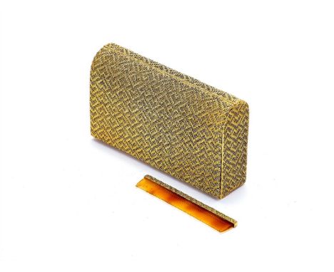 A 1960s gold coloured woven clutch bag, the woven heart design sprung panels with polished bar warp and textured weft, with h