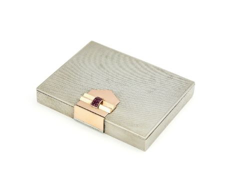 A 1940s ruby set minaudiere by Van Cleef &amp; Arpels, the rectangular case with step cut ruby set thumb piece on a gold colo