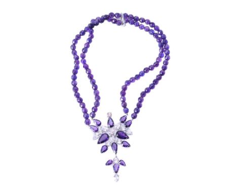 An amethyst and pink tourmaline High Jewellery necklace by Dior, the pierced geometric panel set with pear cut amethysts and 