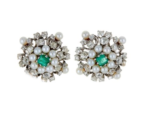 A pair of diamond, emerald and cultured pearl cluster ear clips, the central step cut emeralds within a surround of cultured 