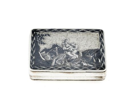 A Russian silver and niello rectangular snuff box by Dimitri Kolyestnikov, Moscow 1823, assay master Michael Karpinsky (1800-