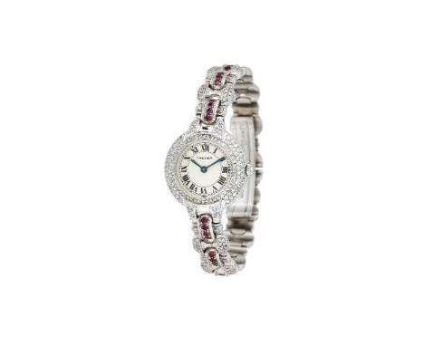 Cartier, Vendome, a lady's 18 carat white gold, diamond and ruby bracelet watch, no. 3789990018, circa 1993, manual wind move