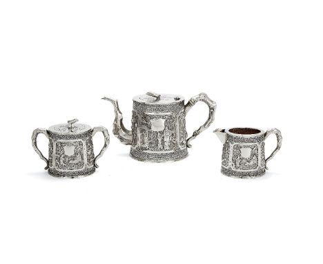 ϒA Chinese export silver three piece tea service, maker's mark WA (WA and a chop mark 永厚隆 Yong Hou Long), Canton circa 1880, 