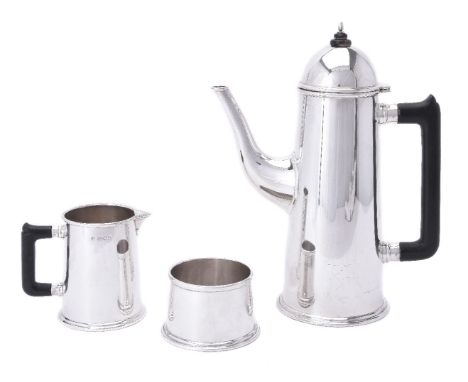 A silver plain straight-tapered three piece coffee service by Theo Fennell, London 1998, the coffee pot with an ebonised fini