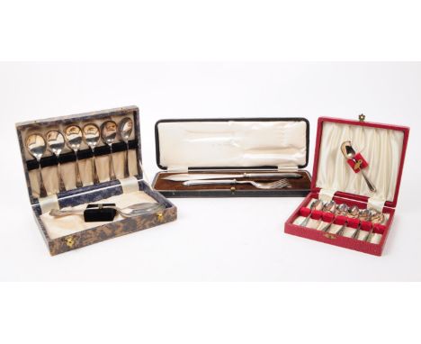 A cased Mappin &amp; Webb princes plate large serving knife and fork in presentation case. Together with cased set of plated 
