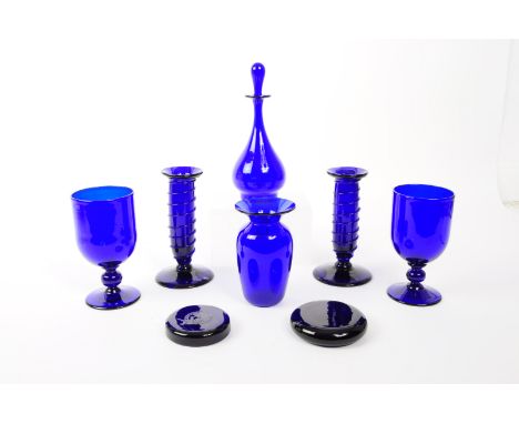 Bristol Blue Glass - A collection of x8 Bristol Blue Glass items, comprising of a decanter, x2 wine glasses, x2 paperweights 