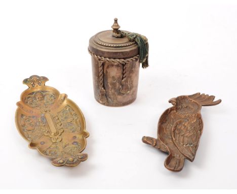 A 19th century brass parrot form dish / plate. Together with a brass middle eastern tea caddy and Indian brass plate with fig