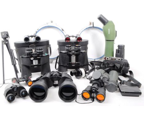 A collection of binoculars to include various sizes along with a Summit field monocular