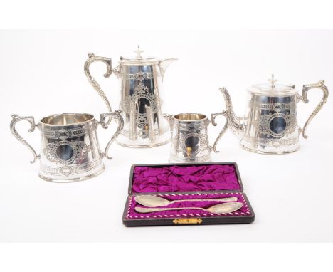 A vintage 20th century silver plate tea service set. To include hot water jug, teapot, twin handled jug and milk jug. With si