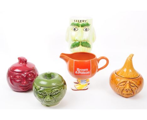 A collection of mid 20th century Sylvac manner ceramic pots. The pots having relief faces, with designs for Celery, Beetroot,