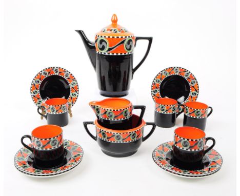 Soho Pottery - Solian Ware - An Art Deco porcelain china coffee service. To include cups, saucers, milk / creamer jug, sugar 