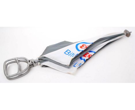 A vintage Esso oil / petrol advertising shooting stick umbrella with folding metal seat. In grey and white colours to the fab