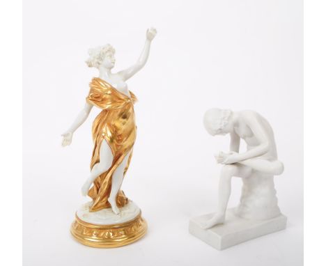 Capodimonte - A 1900s gilt gold Greek Goddess woman porcelain lady figure. Semil nude with arm outstretched with gilt dress. 