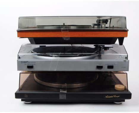 A collection of vintage 20th century turntable vinyl record player. To include Goldring G101, Ion USB turntable iT TUSB05 and